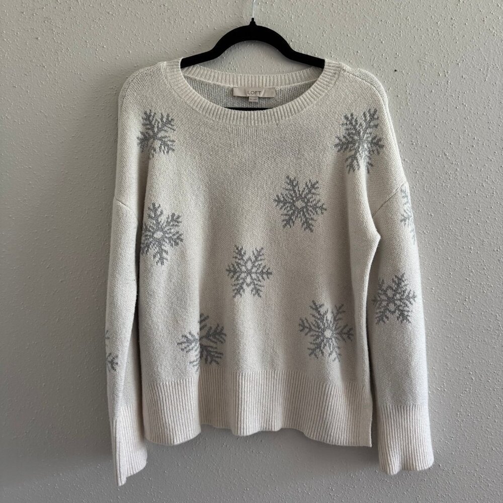 LOFT Snowflake Sweater White Gray Knit Pullover XS - Picture 2 of 6